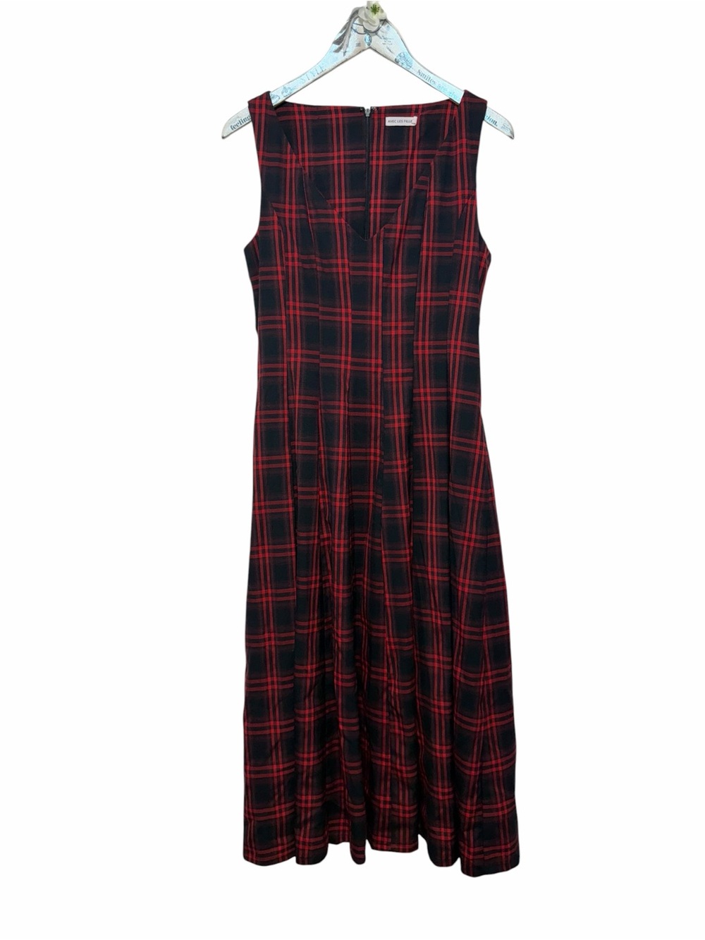 Avec Les Filles Red Black Plaid Midi Dress V-Neck Pockets Size 12 - Picture 3 of 7